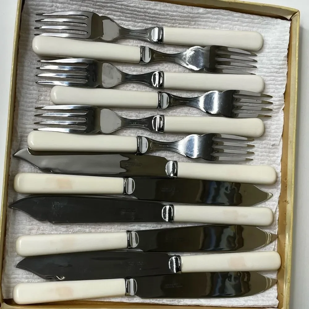 Fish Cutlery‎ Knives and Forks 6 Set Boxed Stainless Steel England Vintage
